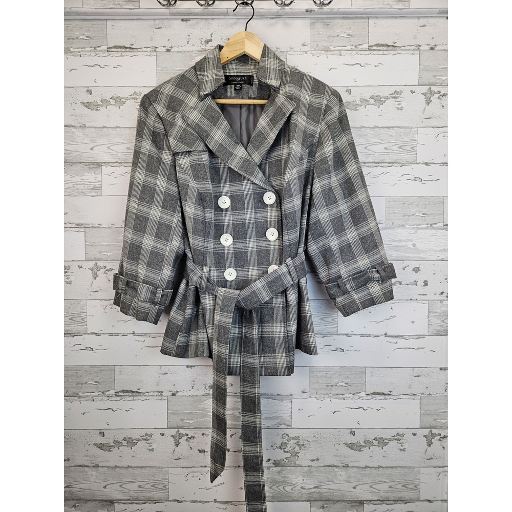 Signature Larry Levine Grey Plaid Double Breasted Belted Jacket Blazer 20W